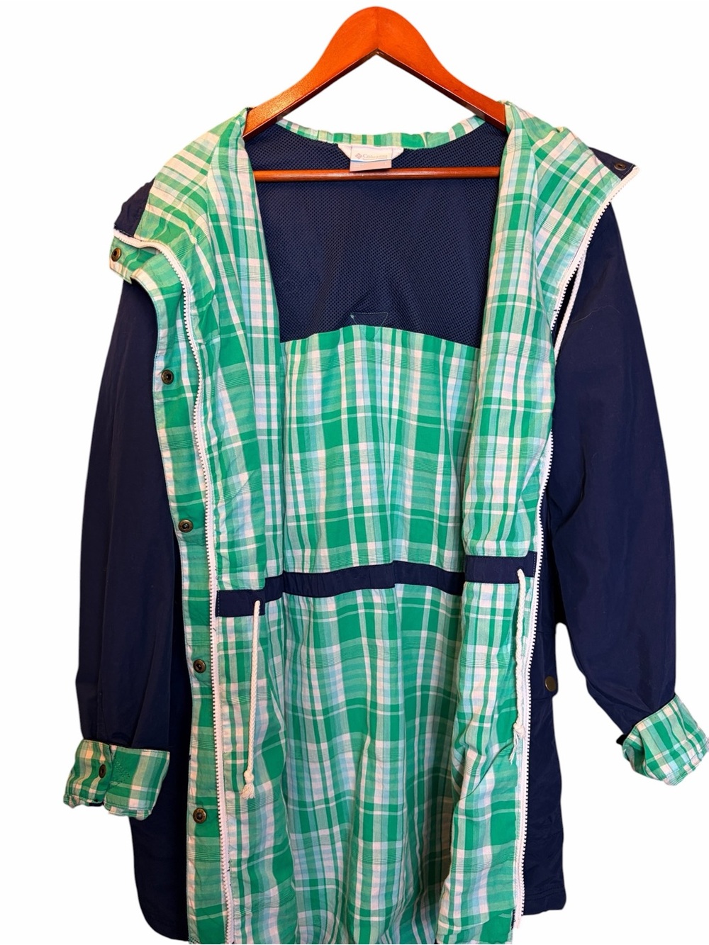 Navy Rain Coat Plaid Heritage Checks Gingham Cotton Lined Hood Pockets Columbia - Picture 5 of 14